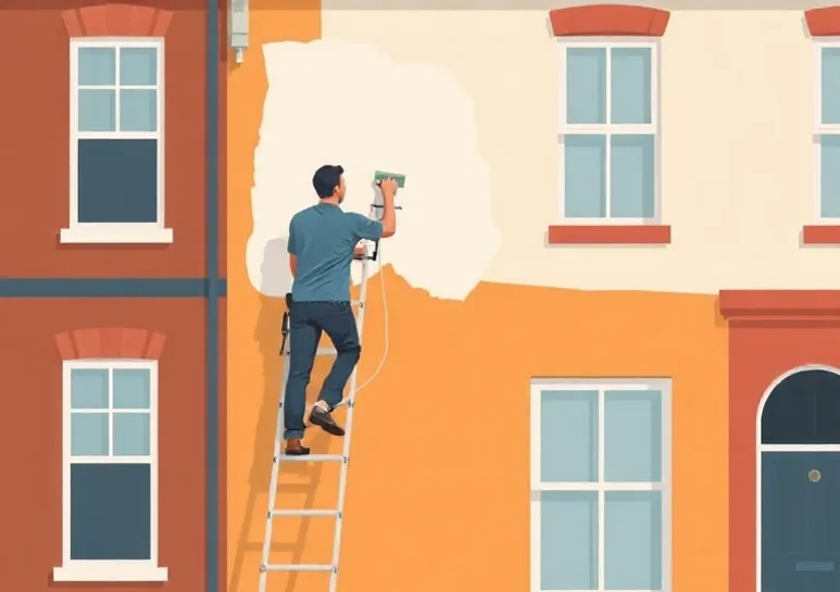 Peintre sur échafaudage traitant la façade d'une maison