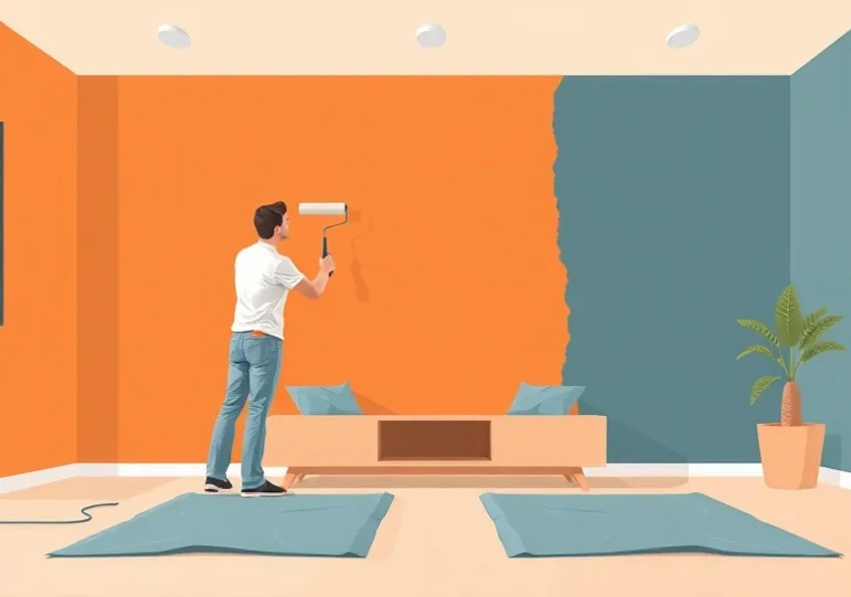 Peintre appliquant la peinture au rouleau sur un mur de salon